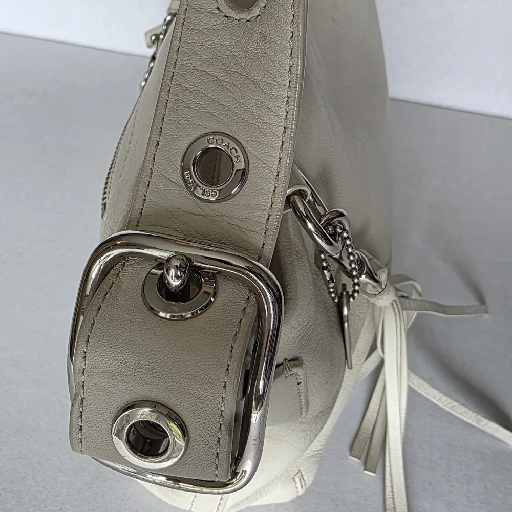 COACH Pebbled Leather Shoulder Bag with Tassel Charm Cream Color - Picture 5 of 7